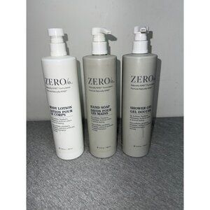 Zero% Set Of Body Lotion Hand Soap & Shower Gel 15 Fl Oz Each Naturally Kind Par